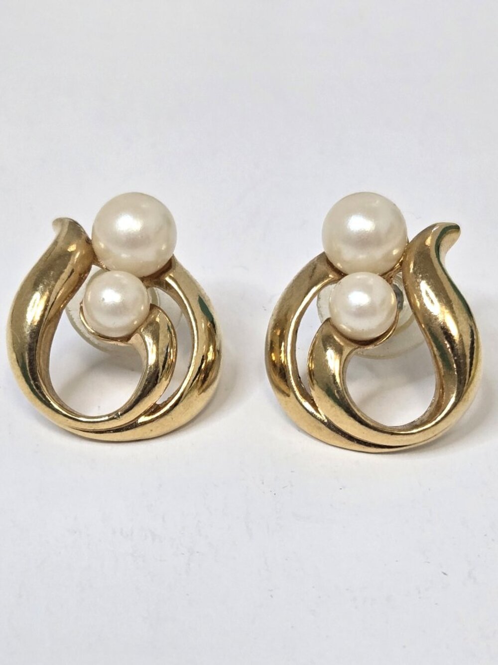 Vintage AVON Swirled Gold-Tone Pierced Earrings with Double Faux Pearl Accent